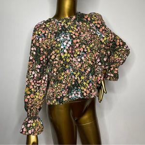 Zara Blouse Women Medium Black Floral Long Sleeve Top Ruffles Frills Cuffed